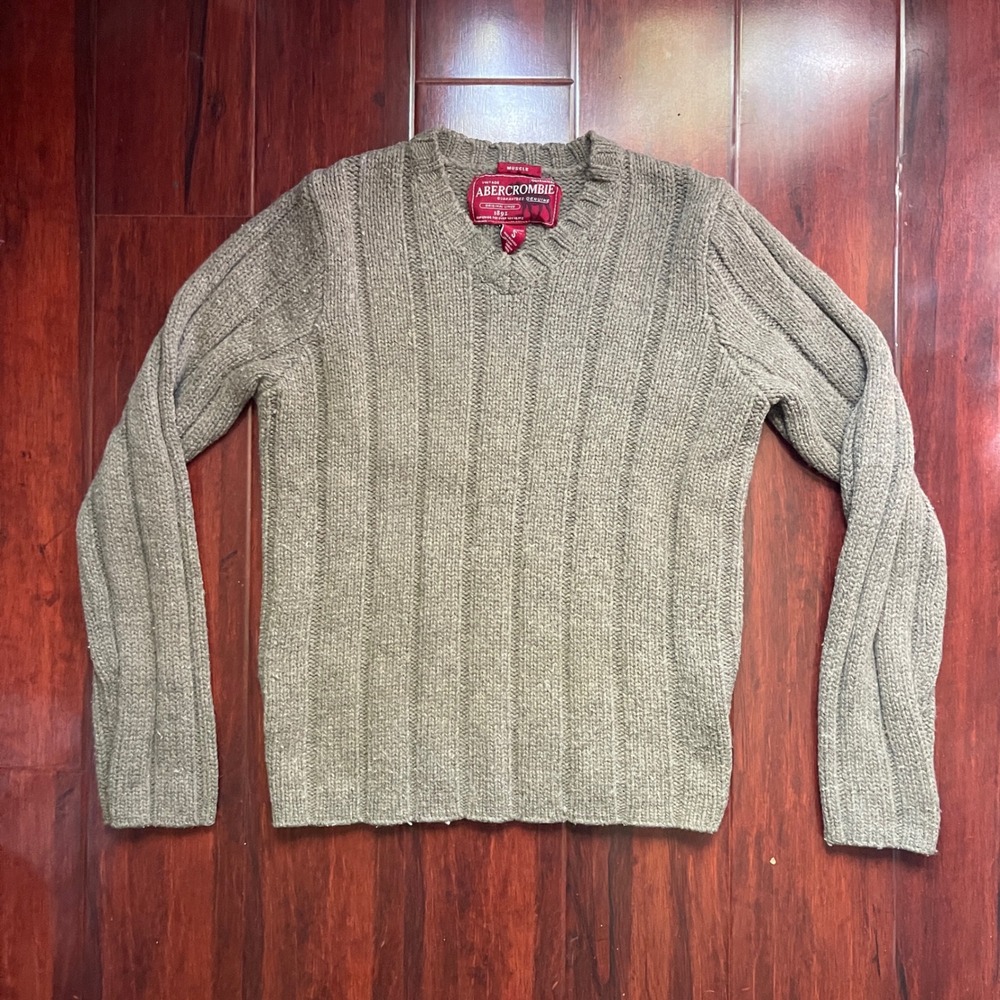 Vintage Abercrombie & Fitch Sweater Ribbed V-Neck Small Y2K Beige Muscle Fit
